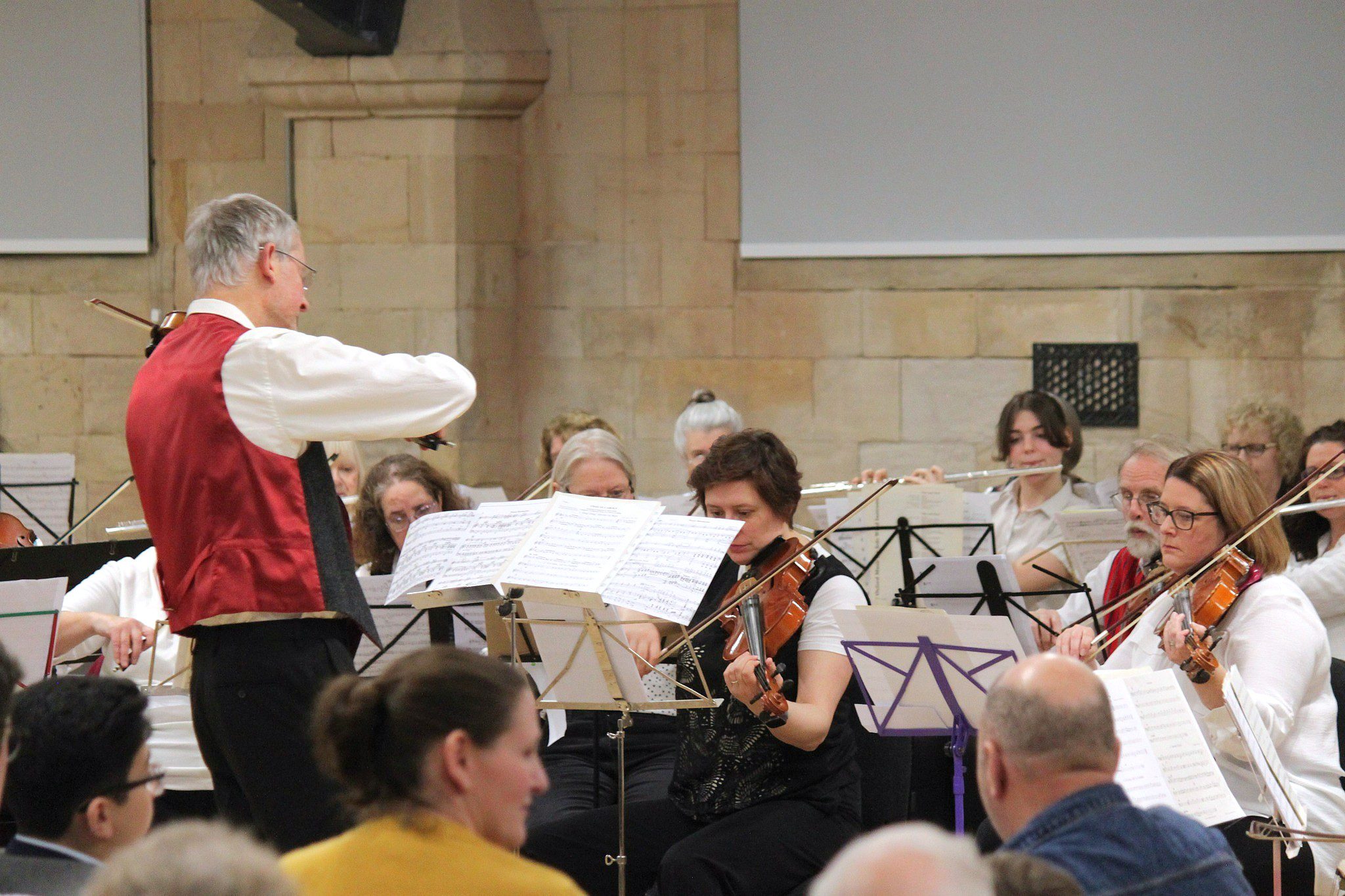 Violinists and a flautist in an orchestra performing in front of an audience