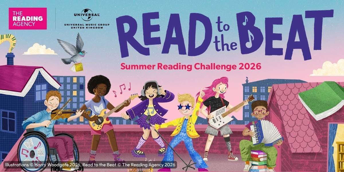 an illustration of children playing musical instruments under a title that says read to the beat - summer reading challenge 2026
