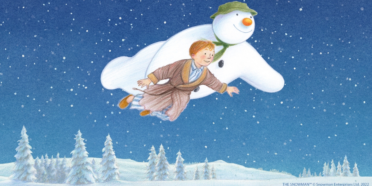 the snowman illustration of a boy and a snowman flying in the sky